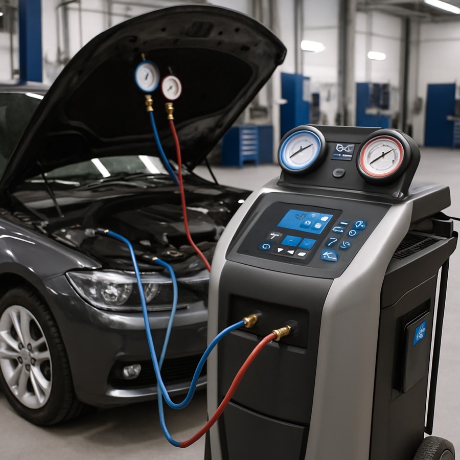 Car air conditioning re-gas in progress