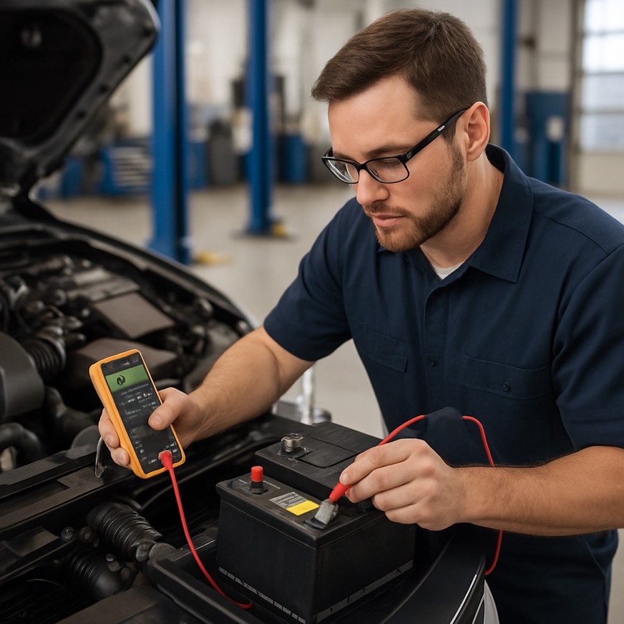 Car battery being tested and replaced
