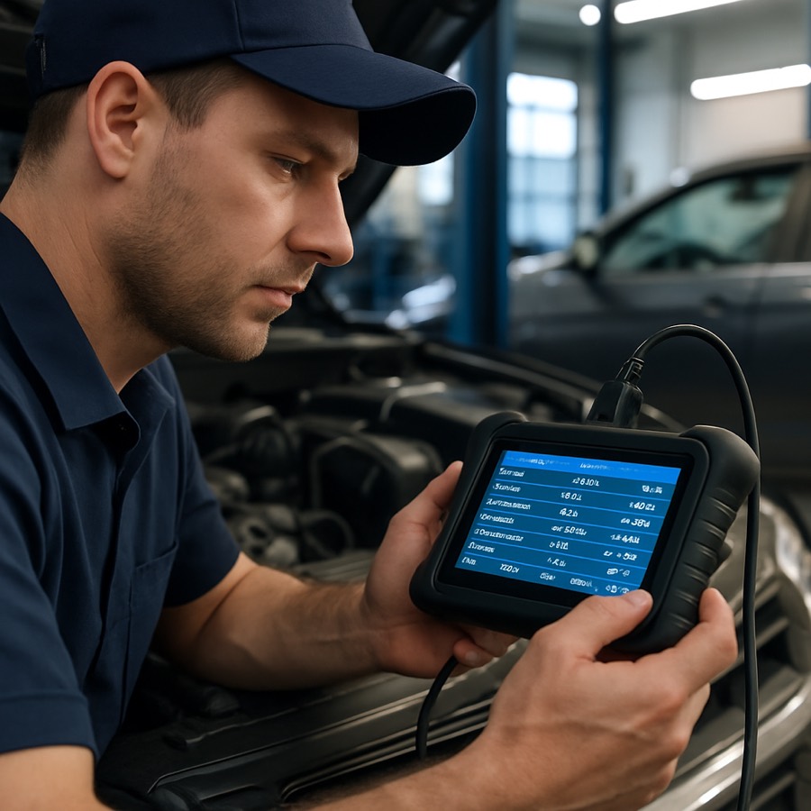 Auto electrician running computer diagnostics on a car