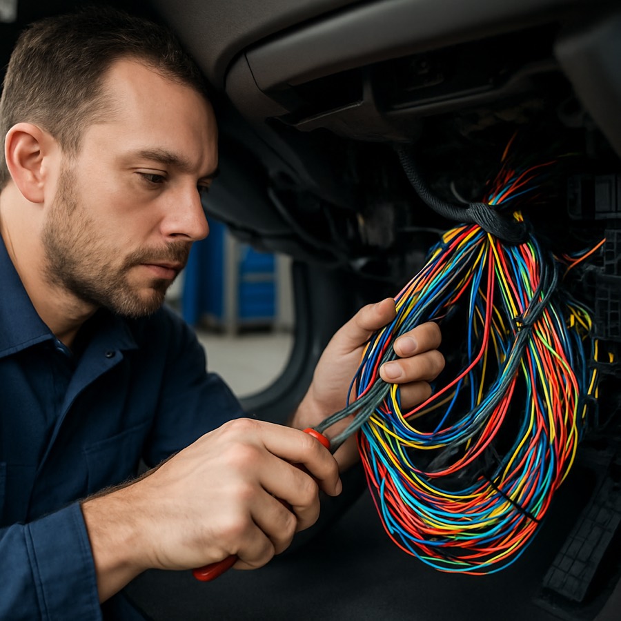 Auto electrical wiring repair under the dashboard